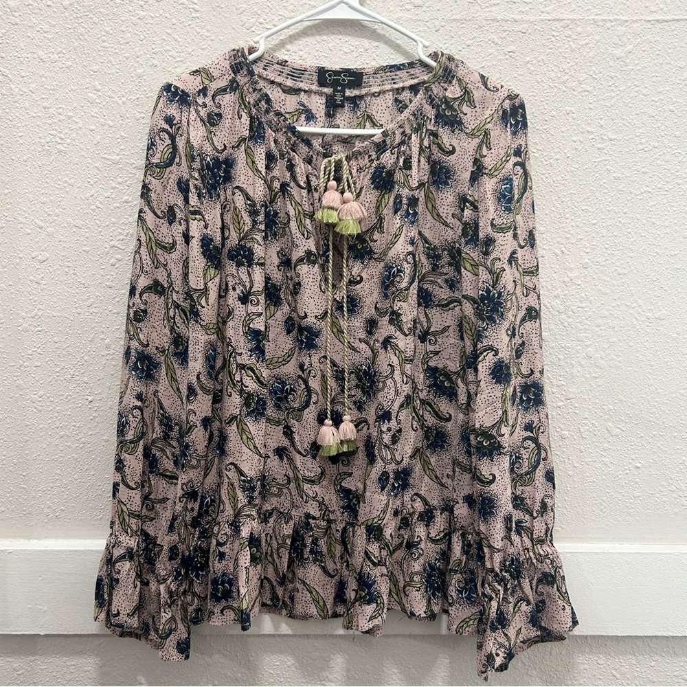Jessica Simpson Blush with Floral Peasant Blouse with Tassel Neck Tie Medium